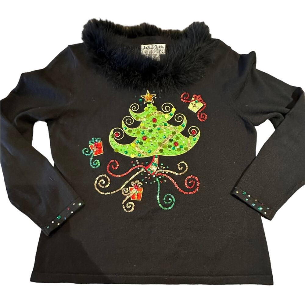 Jack B Quick Women's Large Ramie/Cotton Black Christmas Tree Holiday Sweater